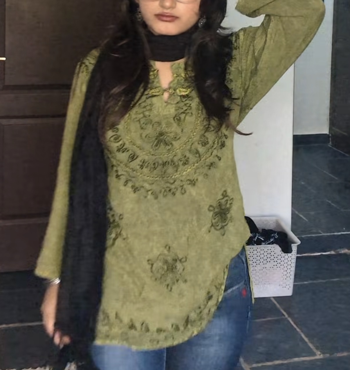 Green embroidered short kurti