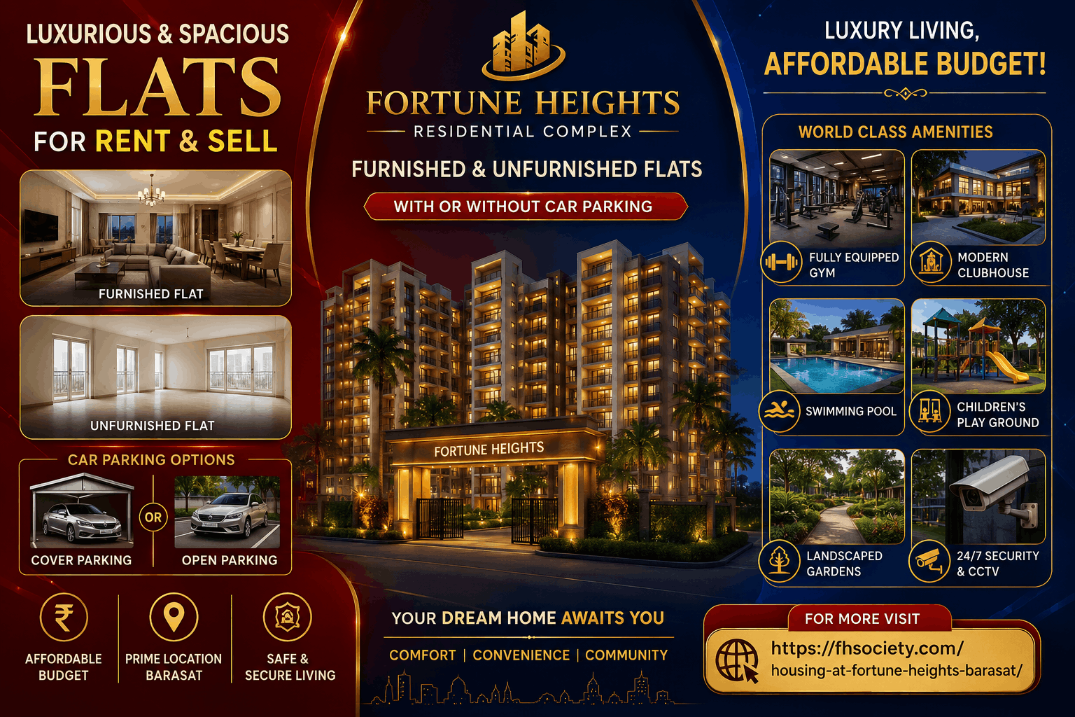 Housing Available: 3BHK Fully Furnished Flat for rent at Fortune Heights, Barasat | Gym, Pool & Clubhouse