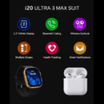 DLS Portable i20 Ultra 3 Max Smart Watch Combo with Wireless Earbuds | Multi Strap Gift Set Fitness Smartwatch for Android & iOS