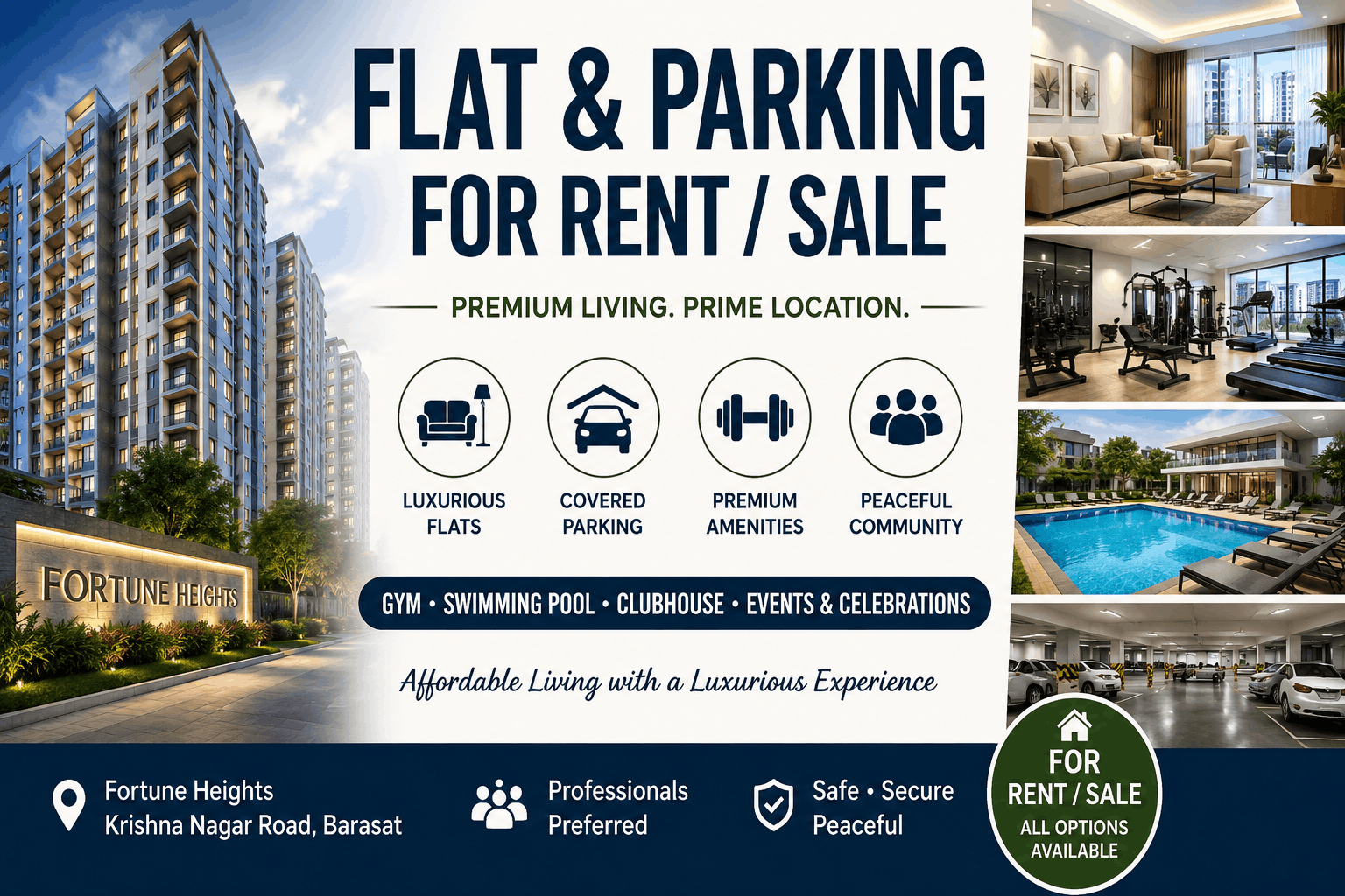 Housing Available: 3BHK Flat with Covered Parking for Rent at Fortune Heights, Barasat | Gym, Pool & Clubhouse