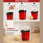 DLS Hot Air Popcorn Maker | Oil-Free Healthy Snack Maker Machine | Electric Fast Popping in Minutes | Compact & Easy to Use (Red & Black)